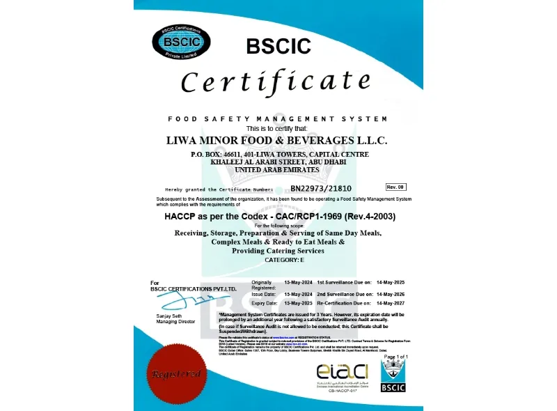 Liwa Minor F&B BSCIC Food Safety Certification
